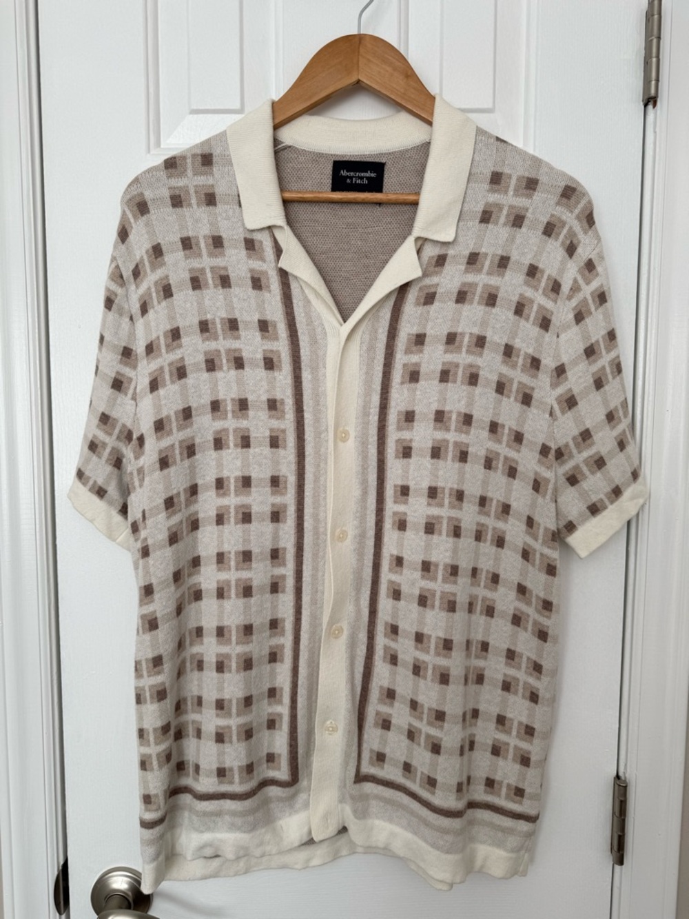 Abercrombie & Fitch | Short-sleeved Button Polo Sweater | Size L | Ivory/Brown